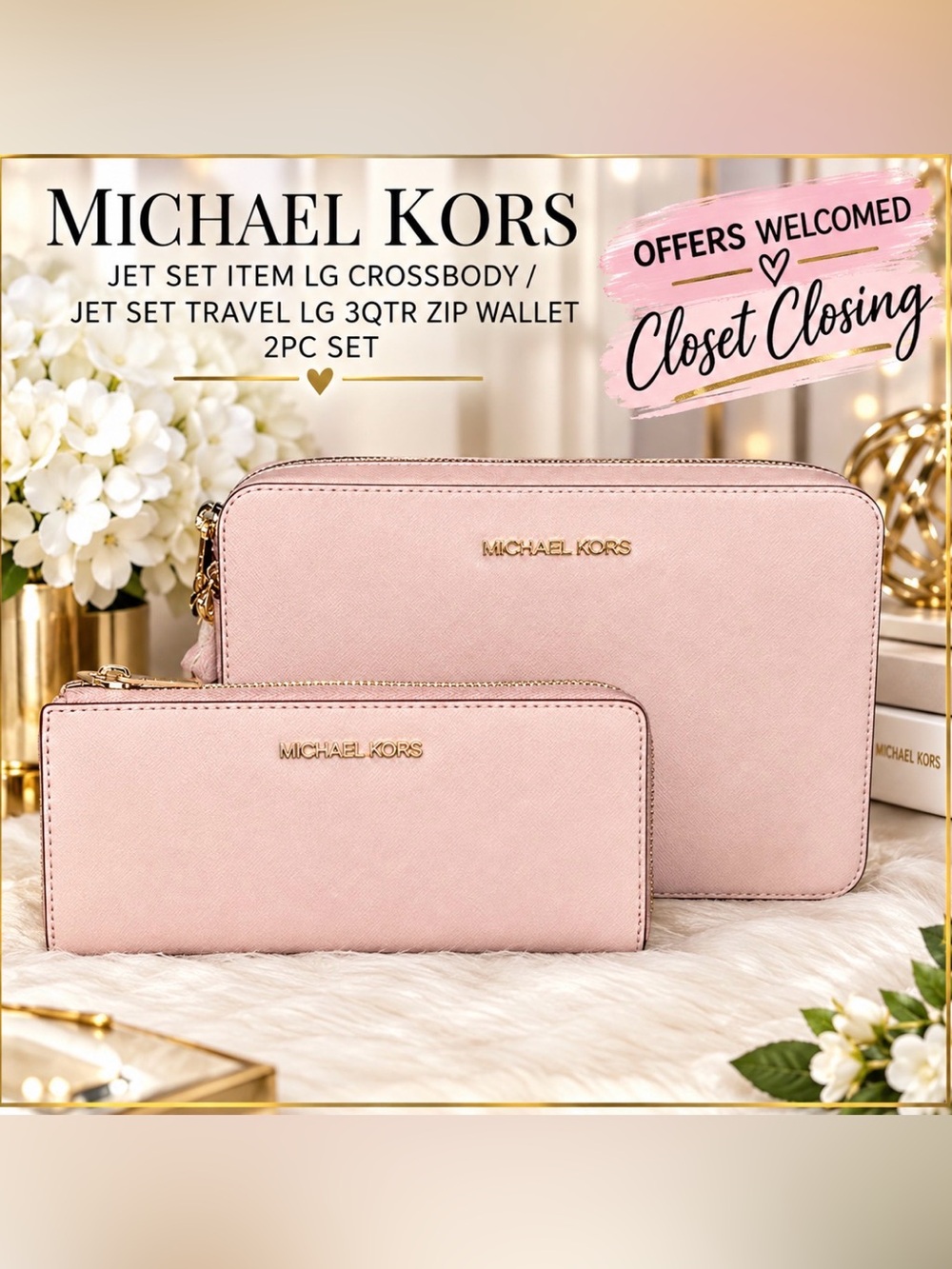 Michael Kors JET SET ITEM Lg Crossbody/JET SET TRAVEL Lg 3Qtr Zip Wallet 2pc Set